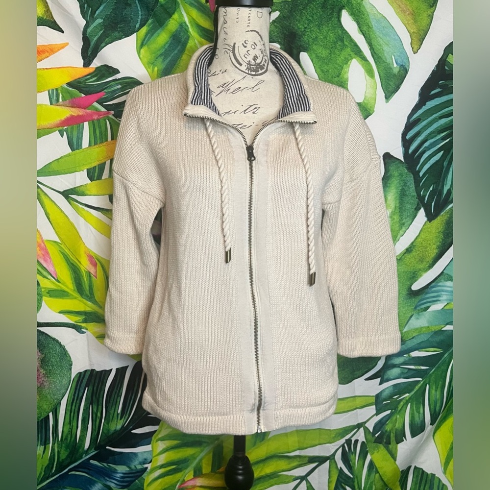 LOFT M Ecru Beige Thick Knit Coastal Preppy New England Comfy Full Zip Cardigan